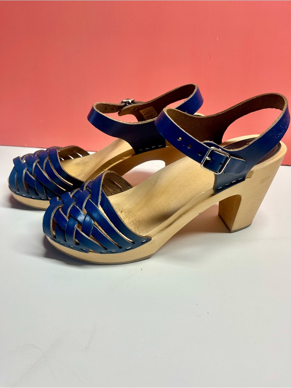 Swedish Hasbeens Dark Blue Braided Leather Slingback Heels